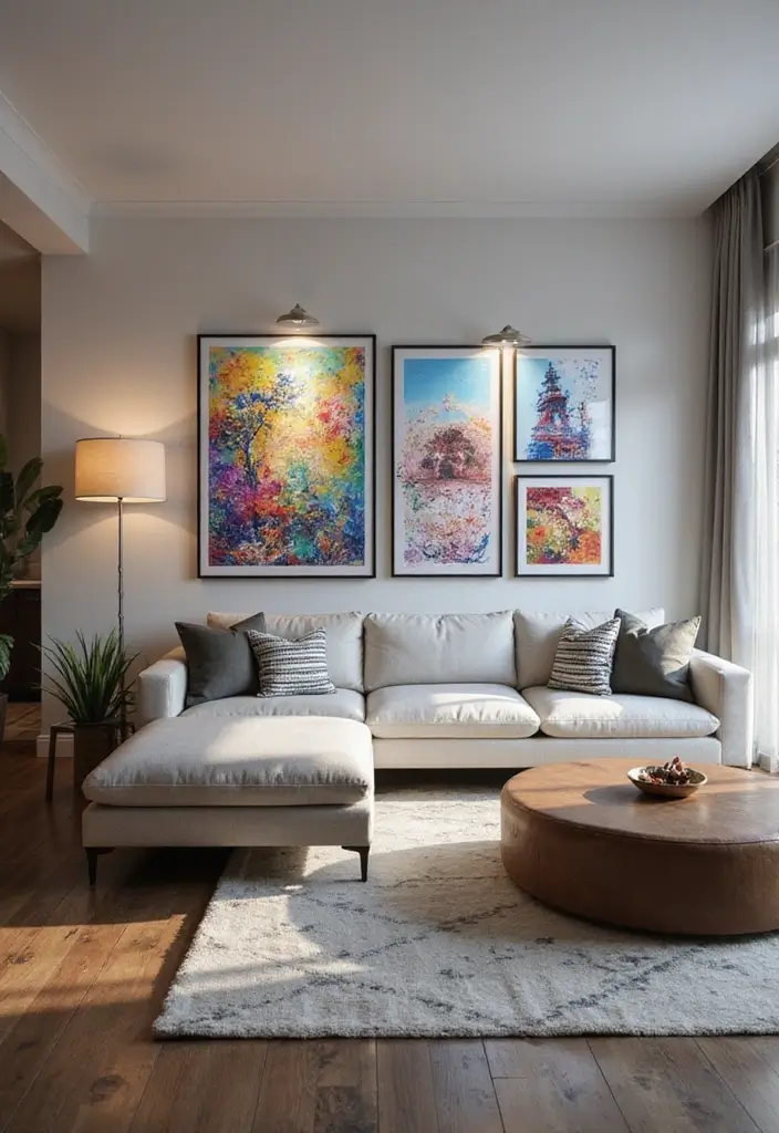 28 Gallery Living Room Ideas That Showcase Art Beautifully - 17. Art and Technology Blend