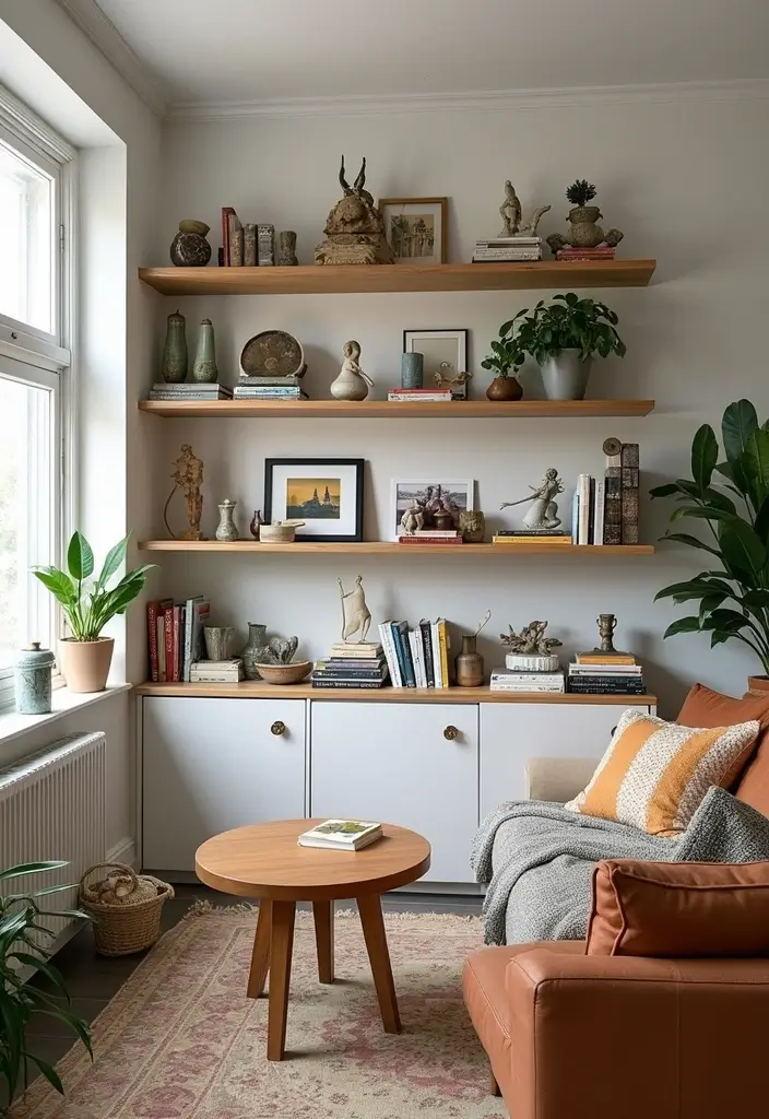 28 Gallery Living Room Ideas That Showcase Art Beautifully - 3. Open Shelving for Art