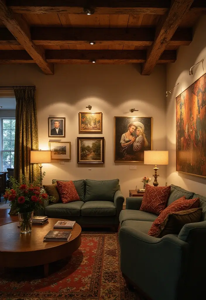 28 Gallery Living Room Ideas That Showcase Art Beautifully - 8. Artistic Lighting