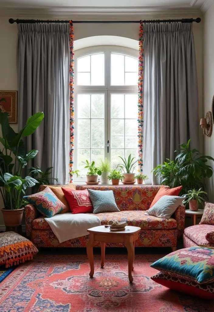 28 Grey Living Room Curtain Ideas That Add Softness and Depth - 11. Bohemian Flair