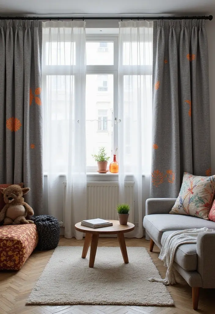 28 Grey Living Room Curtain Ideas That Add Softness and Depth - 21. Artistic Touch