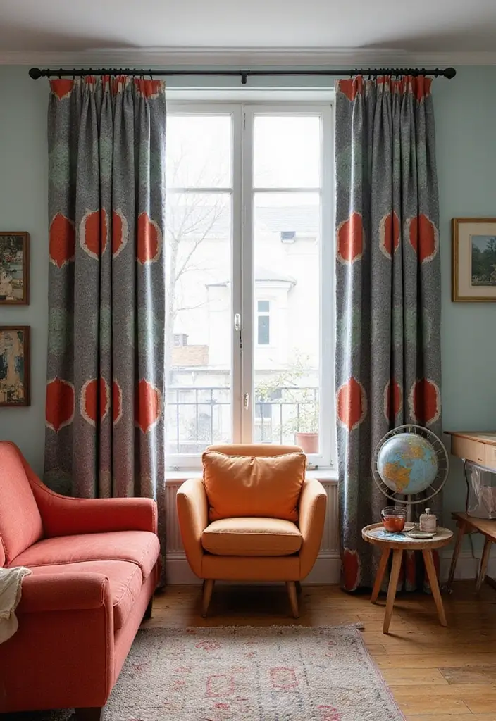 28 Grey Living Room Curtain Ideas That Add Softness and Depth - 23. Retro Inspirations