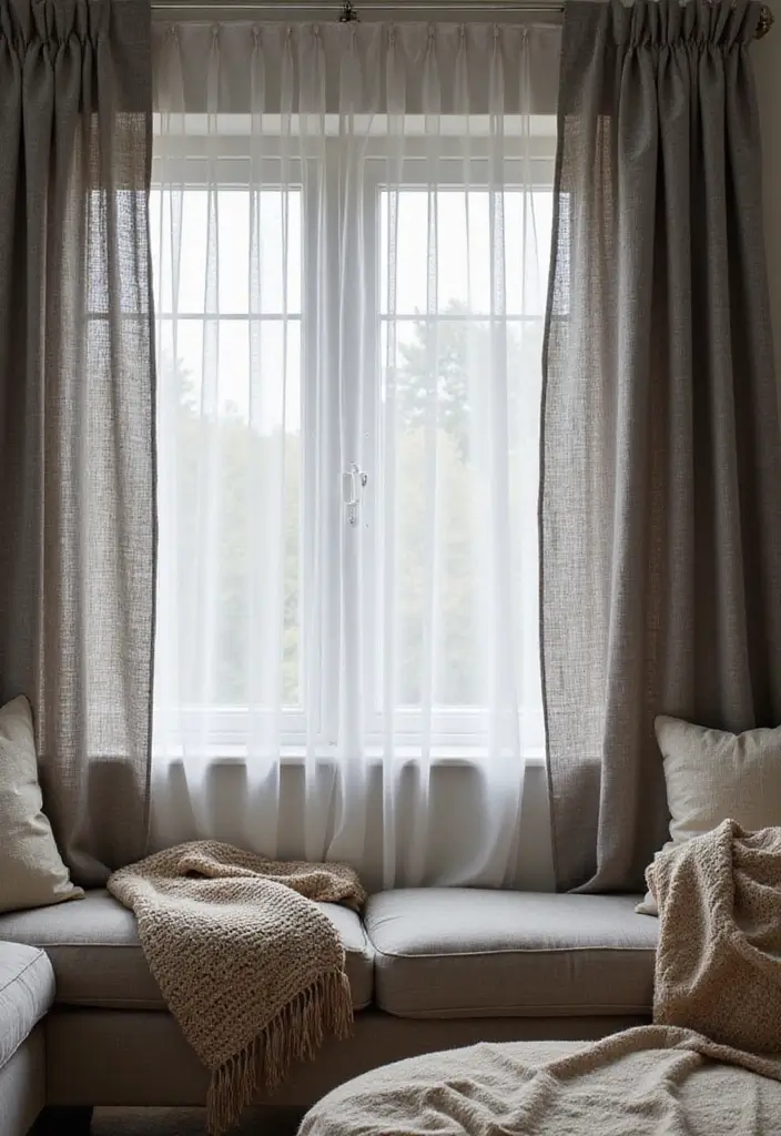 28 Grey Living Room Curtain Ideas That Add Softness and Depth - 5. Layered Textures