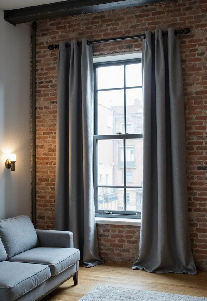 28 Grey Living Room Curtain Ideas That Add Softness and Depth - 6. Industrial Chic
