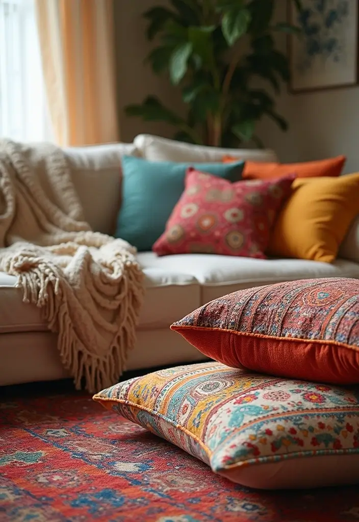 28 Hippy Living Room Ideas That Feel Eclectic and Carefree - 1. Embrace Colorful Textiles