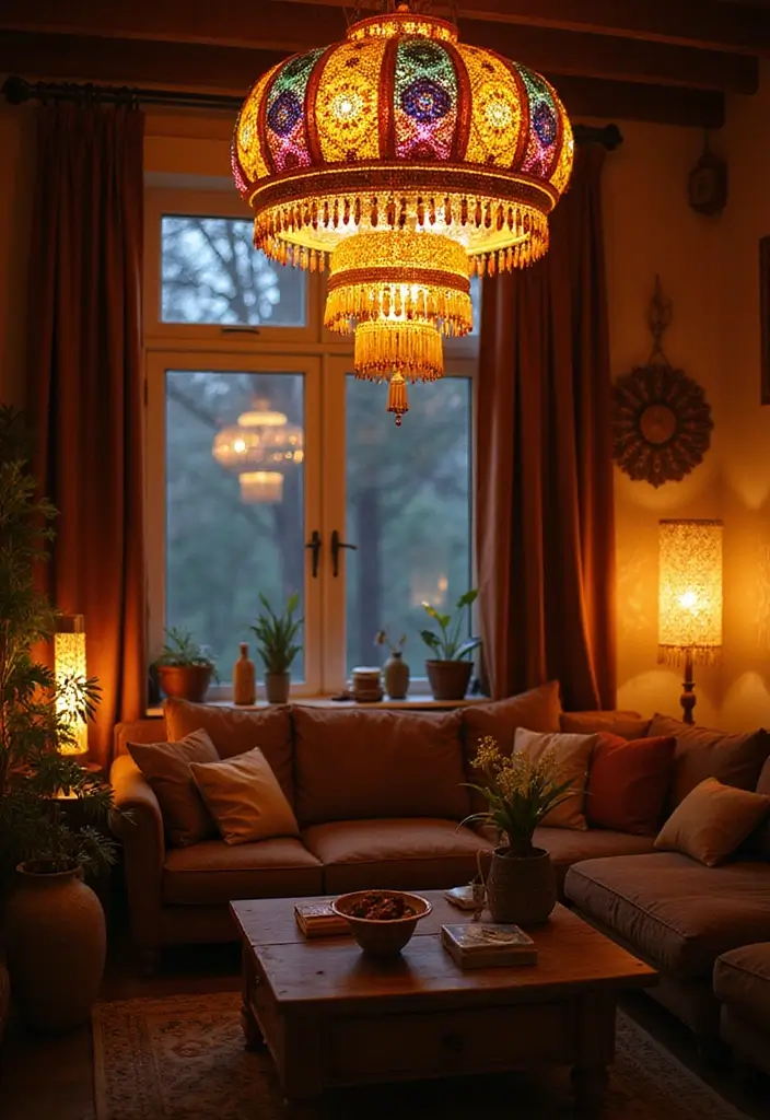 28 Hippy Living Room Ideas That Feel Eclectic and Carefree - 12. Artistic Lighting Fixtures