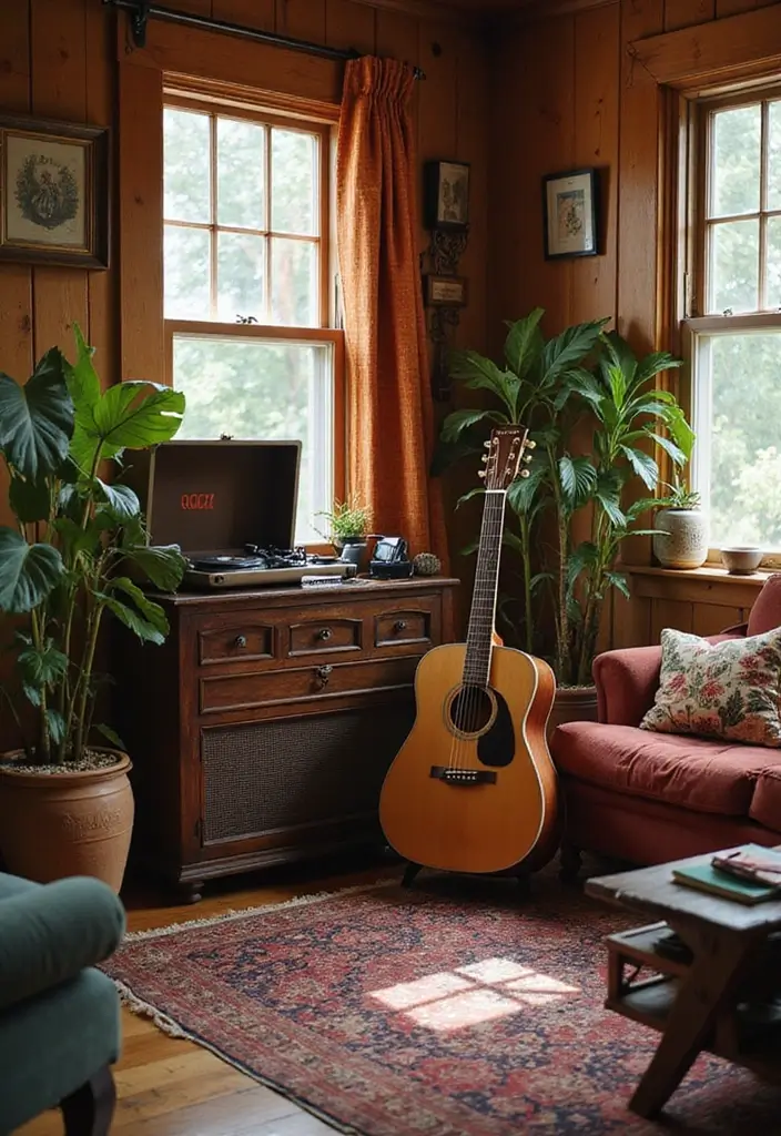 28 Hippy Living Room Ideas That Feel Eclectic and Carefree - 17. Create a Music Corner