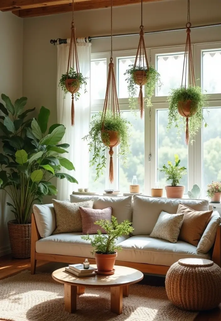 28 Hippy Living Room Ideas That Feel Eclectic and Carefree - 22. Floating Plants and Ceiling Hangings