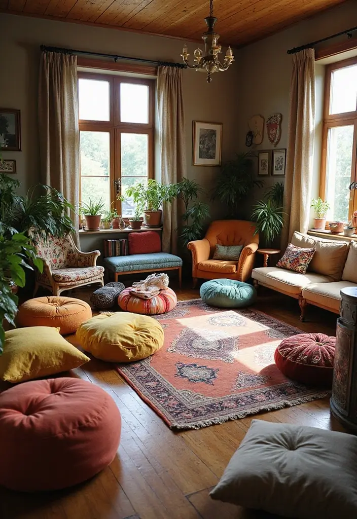 28 Hippy Living Room Ideas That Feel Eclectic and Carefree - 25. Use a Variety of Seating Types