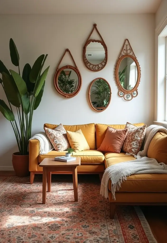 28 Hippy Living Room Ideas That Feel Eclectic and Carefree - 26. Incorporate Mirrors for Light and Space