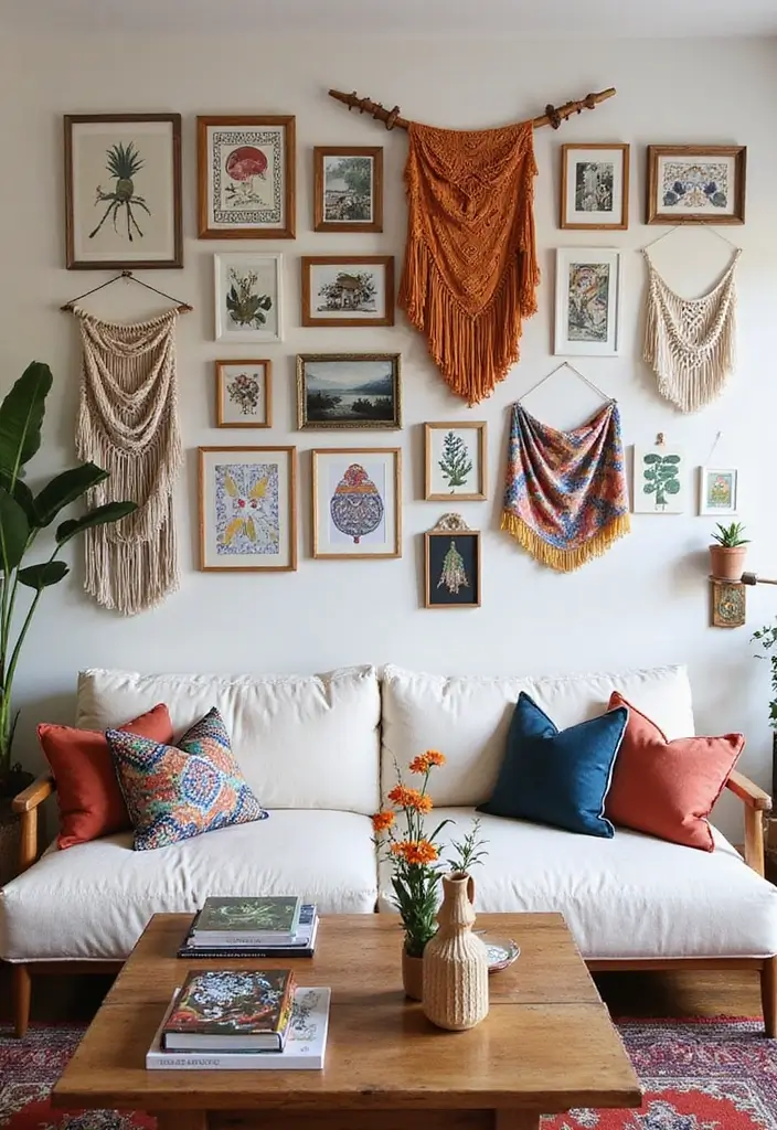 28 Hippy Living Room Ideas That Feel Eclectic and Carefree - 3. Bohemian Wall Art