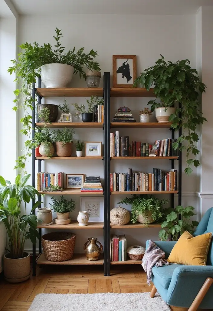 28 Hippy Living Room Ideas That Feel Eclectic and Carefree - 8. Eclectic Shelving
