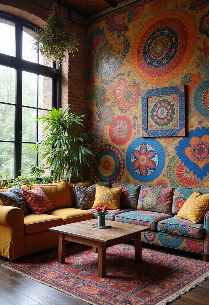 28 Hippy Living Room Ideas That Feel Eclectic and Carefree - 9. Colorful Wall Treatments
