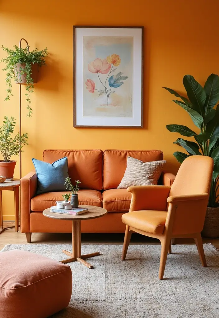 28 Living Room Mid Century Ideas That Feel Retro and Sophisticated - 1. Bold Color Pop