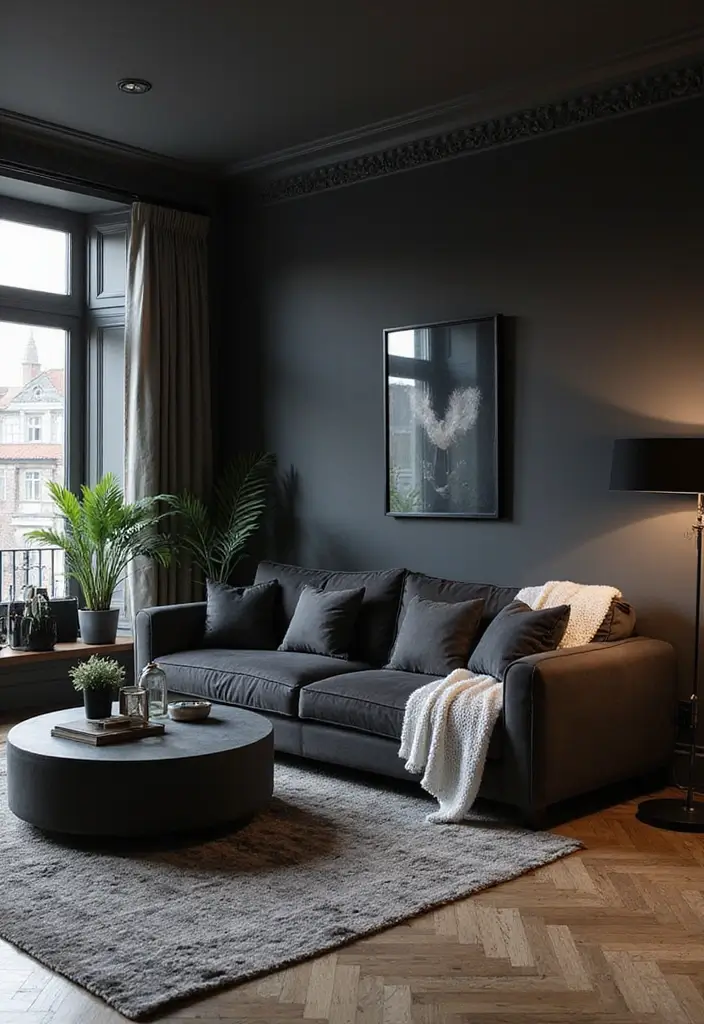 28 Living Room Mid Century Ideas That Feel Retro and Sophisticated - 13. Contrast with Dark Tones