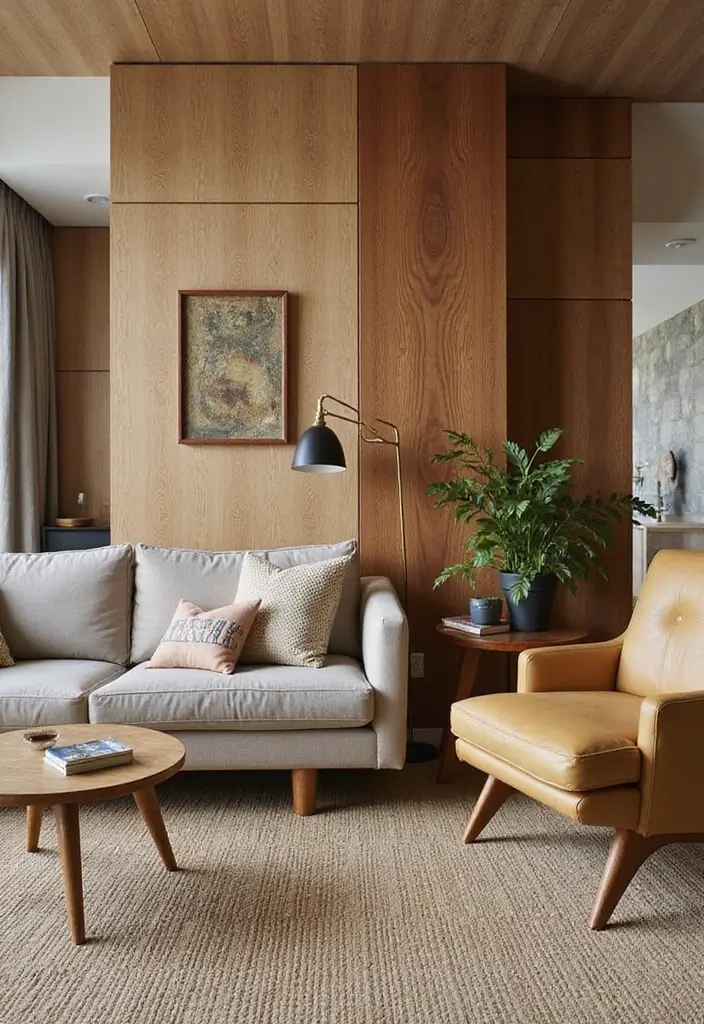 28 Living Room Mid Century Ideas That Feel Retro and Sophisticated - 15. Mid-Century Wall Finishes