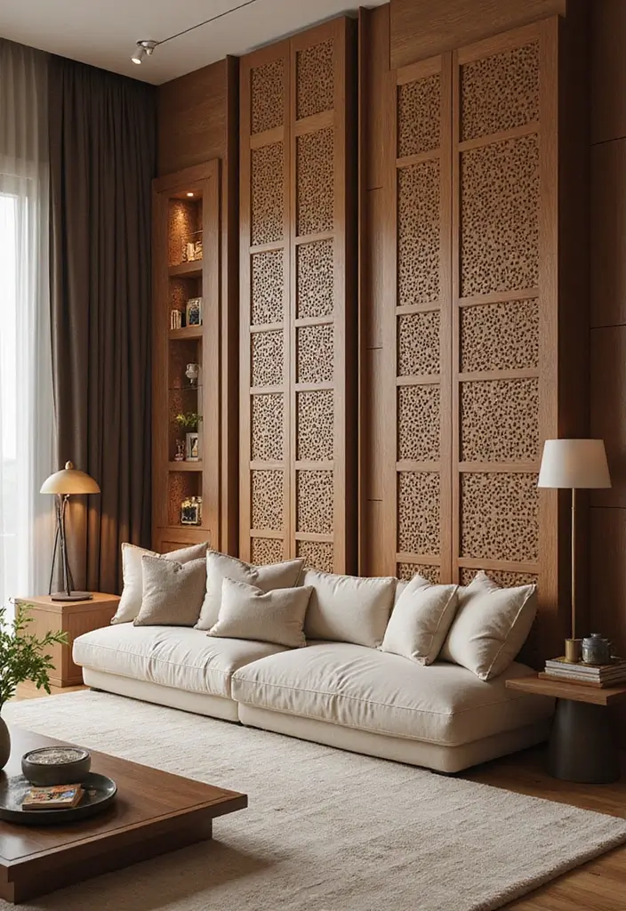 28 Living Room Partition Design Ideas That Create Open Flow - 1. Elegant Wooden Screens