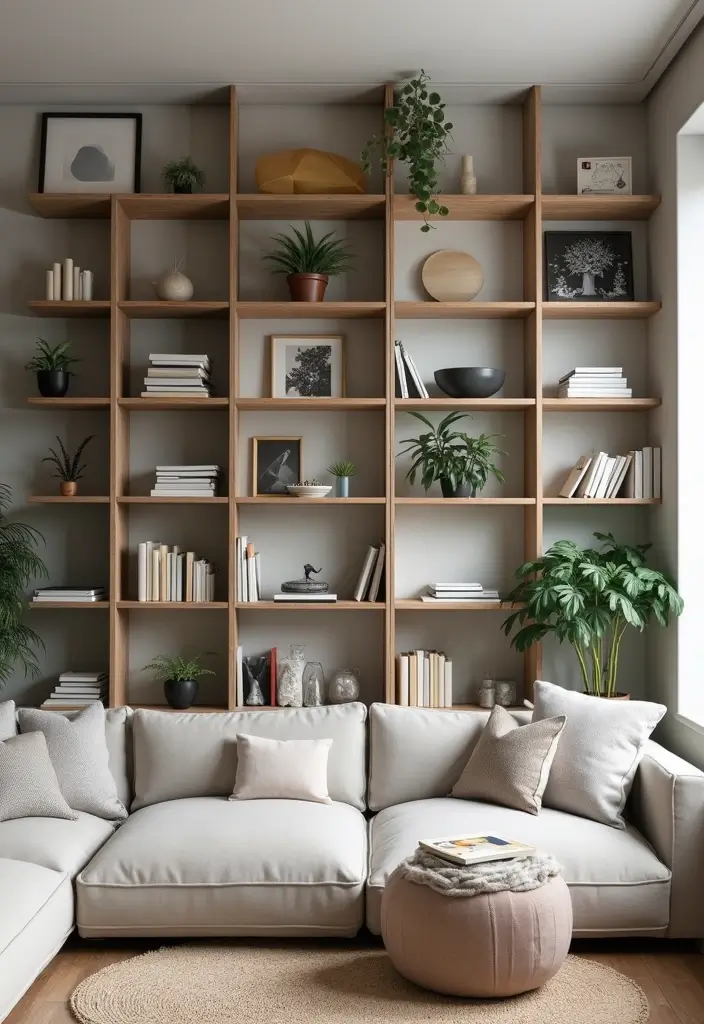 28 Living Room Partition Design Ideas That Create Open Flow - 12. Wall-Mounted Shelves