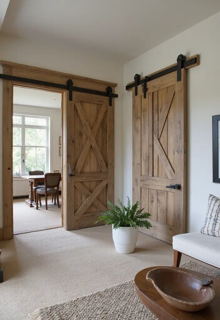 28 Living Room Partition Design Ideas That Create Open Flow - 17. Rustic Barn Doors