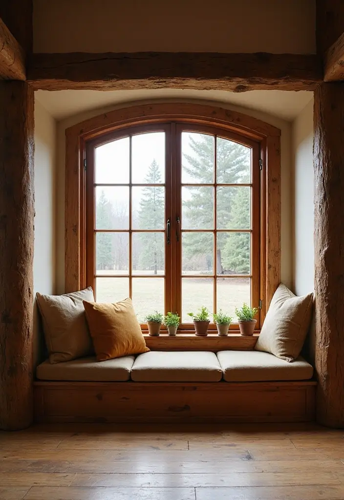 28 Living Room Window Seat Ideas That Create a Cozy Nook - 1. Rustic Charm with Wooden Beams