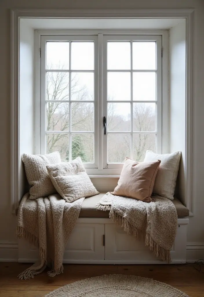 28 Living Room Window Seat Ideas That Create a Cozy Nook - 19. Textured Blankets and Throws