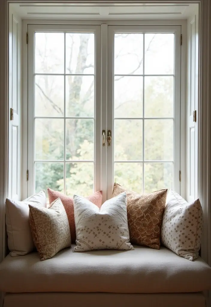 28 Living Room Window Seat Ideas That Create a Cozy Nook - 20. Inviting Pillows of Different Sizes