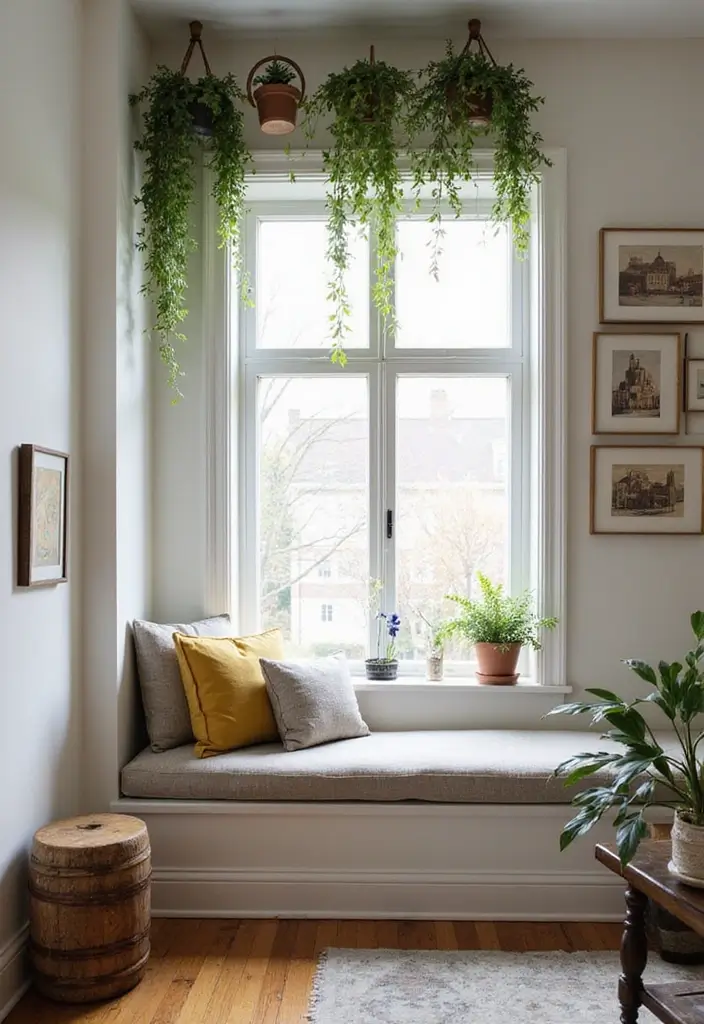 28 Living Room Window Seat Ideas That Create a Cozy Nook - 25. Artistic Accents Above the Window Seat