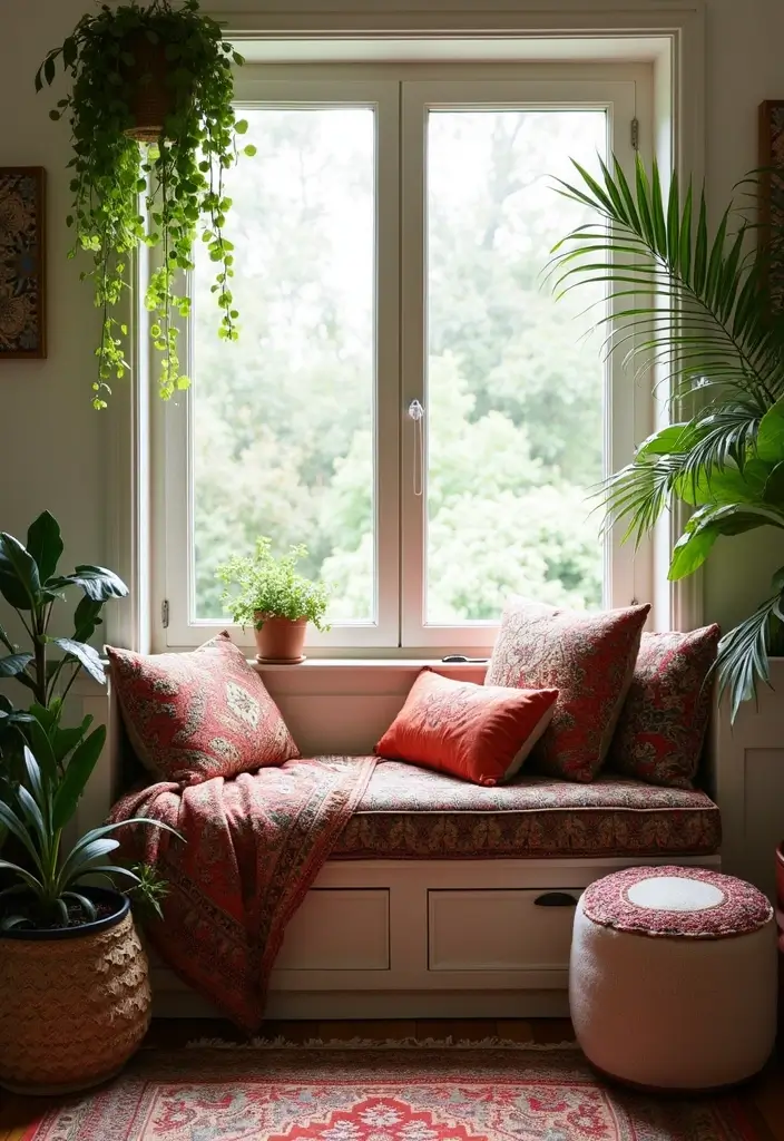 28 Living Room Window Seat Ideas That Create a Cozy Nook - 3. Boho Chic with Textiles