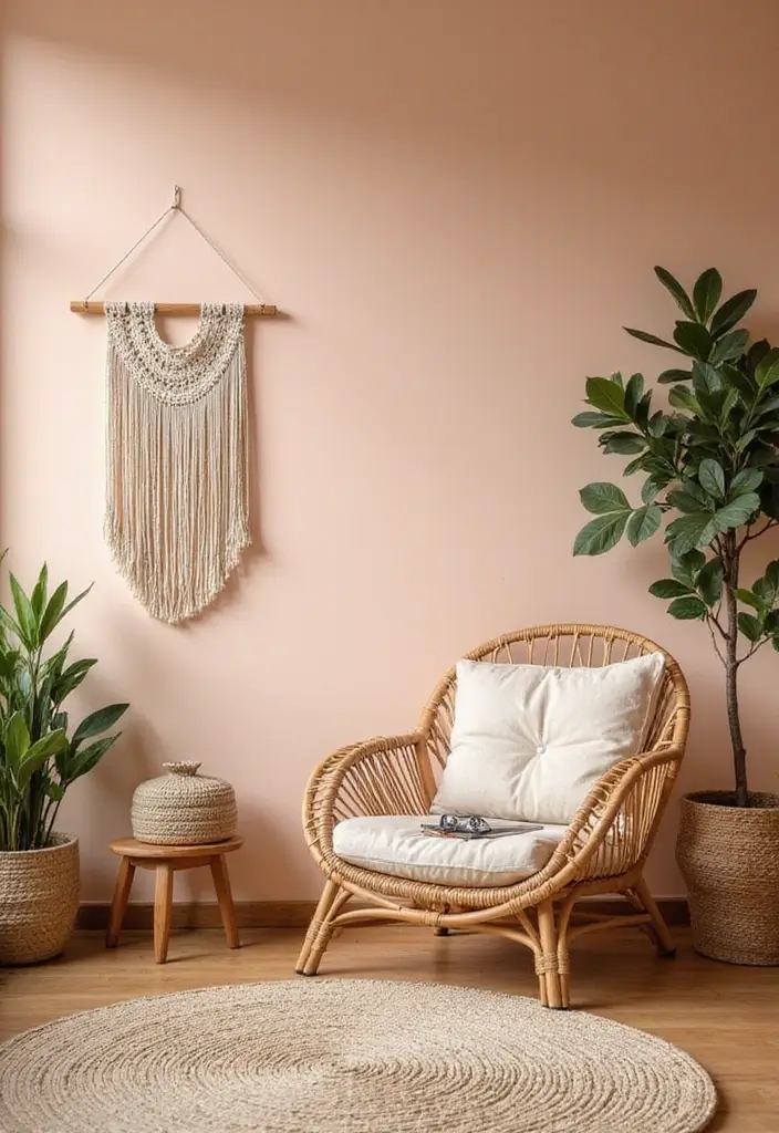 28 Orange Living Room Ideas That Feel Vibrant and Energetic - 1. Soft Peach Walls with Bohemian Accents