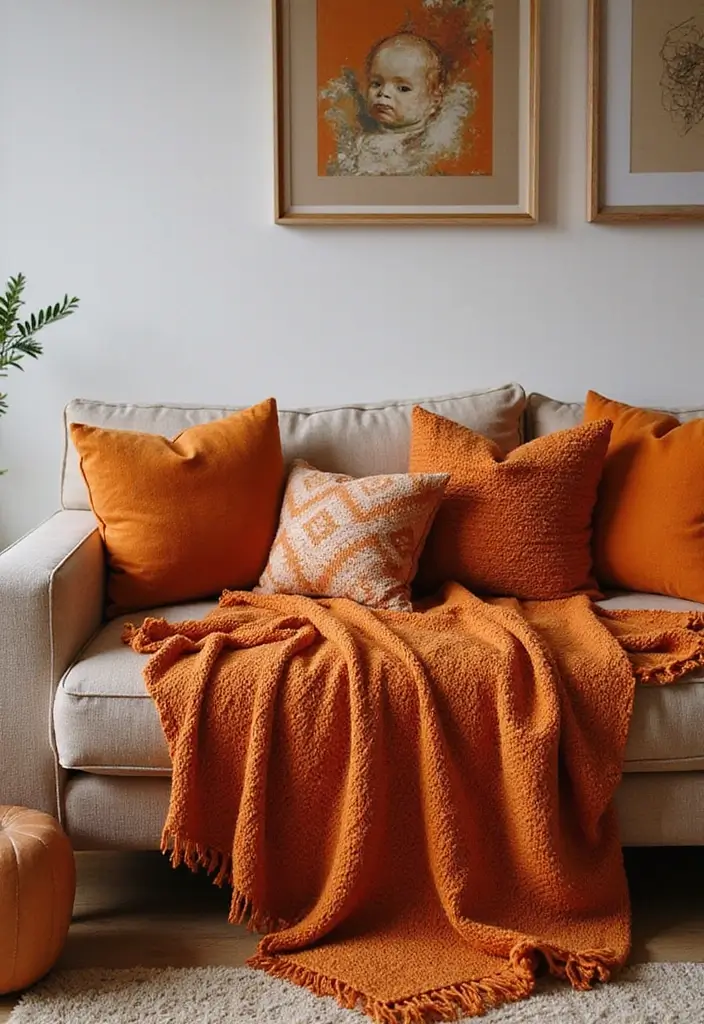28 Orange Living Room Ideas That Feel Vibrant and Energetic - 10. Layered Orange Textiles
