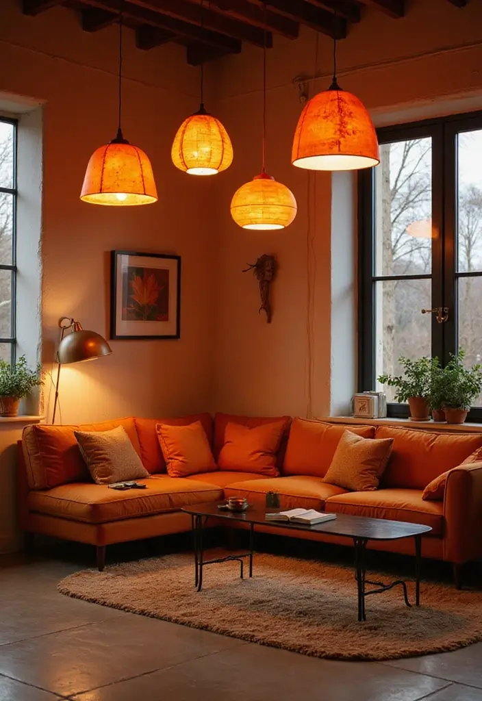 28 Orange Living Room Ideas That Feel Vibrant and Energetic - 11. Orange Lighting Fixtures