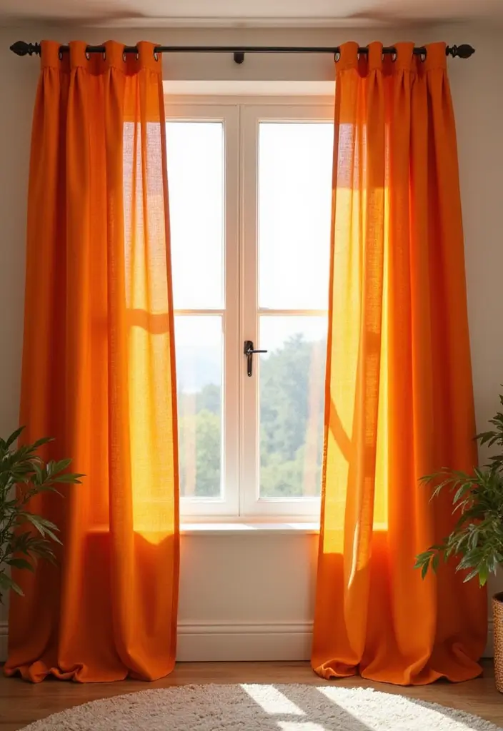28 Orange Living Room Ideas That Feel Vibrant and Energetic - 12. Orange Curtains for a Bright Statement