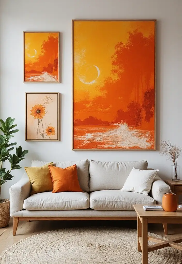 28 Orange Living Room Ideas That Feel Vibrant and Energetic - 16. Energetic Orange Wall Art