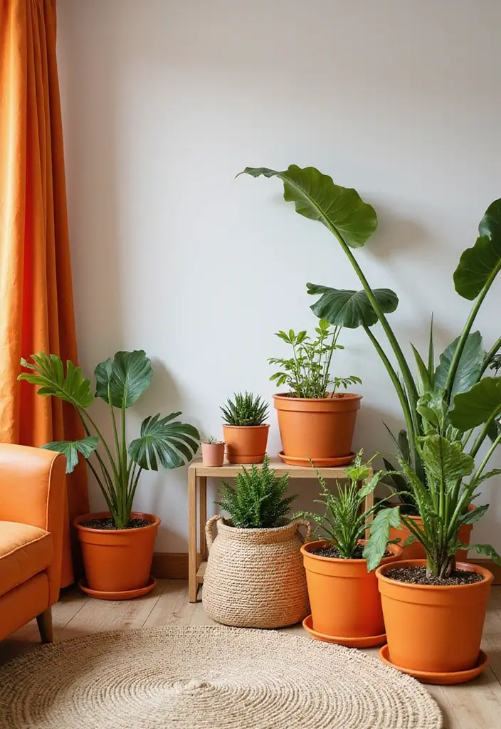 28 Orange Living Room Ideas That Feel Vibrant and Energetic - 17. Orange Plants and Planters