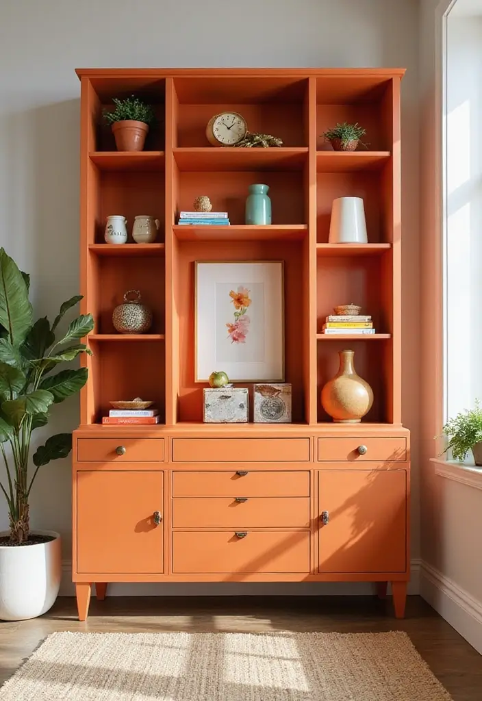 28 Orange Living Room Ideas That Feel Vibrant and Energetic - 18. Statement Orange Cabinets