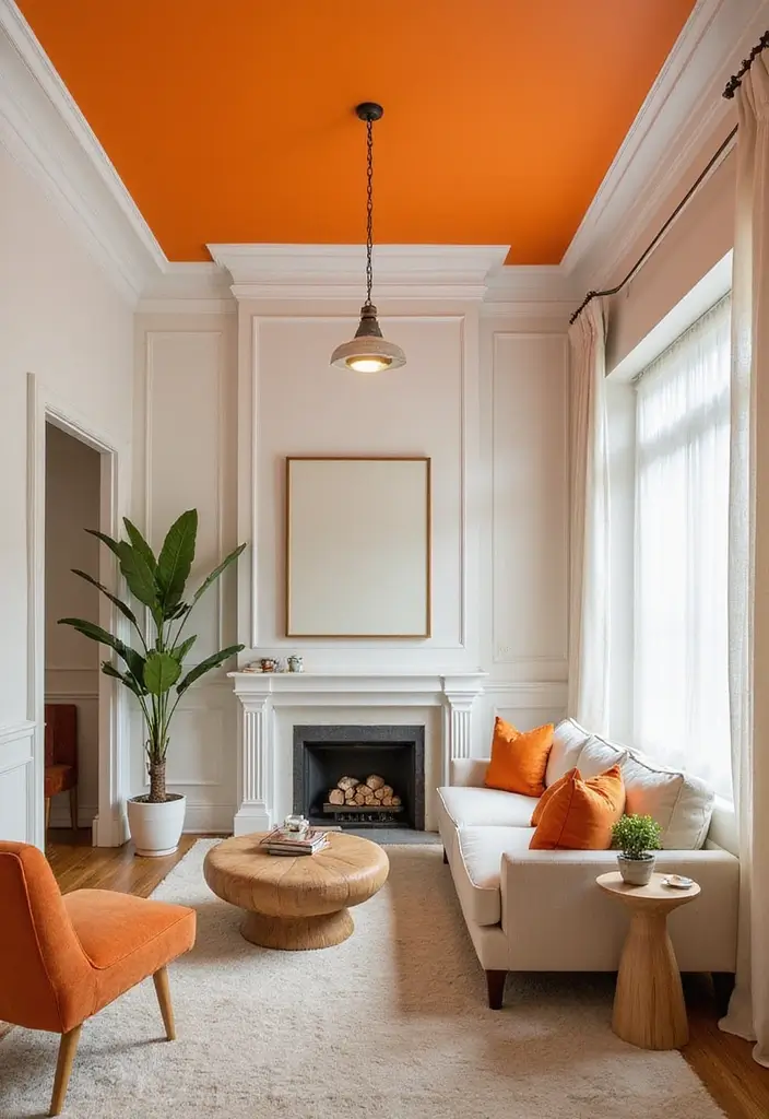 28 Orange Living Room Ideas That Feel Vibrant and Energetic - 19. Orange Ceiling Accents
