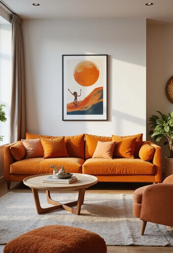 28 Orange Living Room Ideas That Feel Vibrant and Energetic - 2. Bold Burnt Orange Furniture