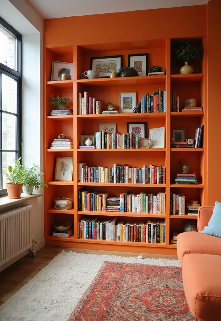 28 Orange Living Room Ideas That Feel Vibrant and Energetic - 20. Orange-Themed Bookcases