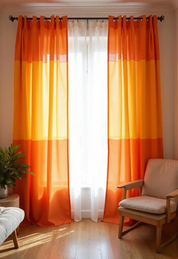 28 Orange Living Room Ideas That Feel Vibrant and Energetic - 23. Ombre Orange Curtains