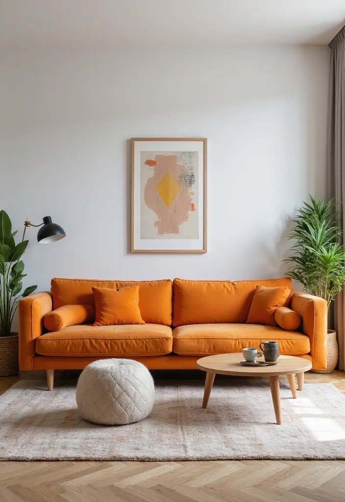 28 Orange Living Room Ideas That Feel Vibrant and Energetic - 24. Modern Orange Furniture Arrangement