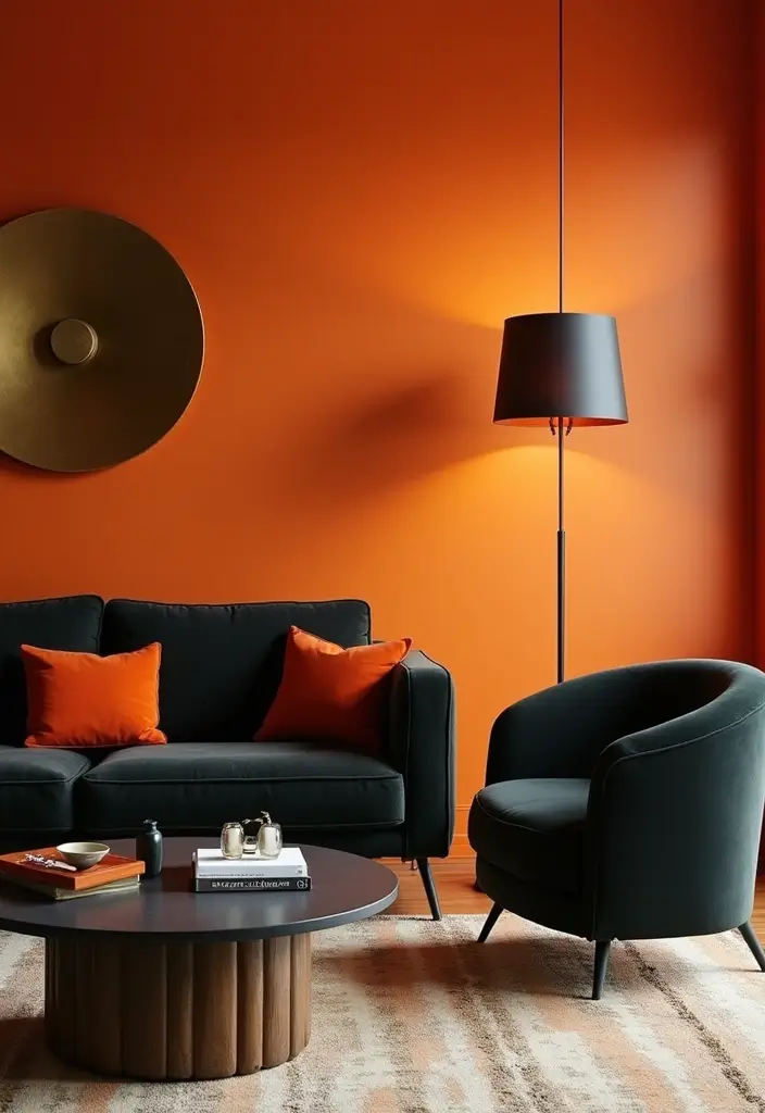 28 Orange Living Room Ideas That Feel Vibrant and Energetic - 25. Orange and Black Contrast