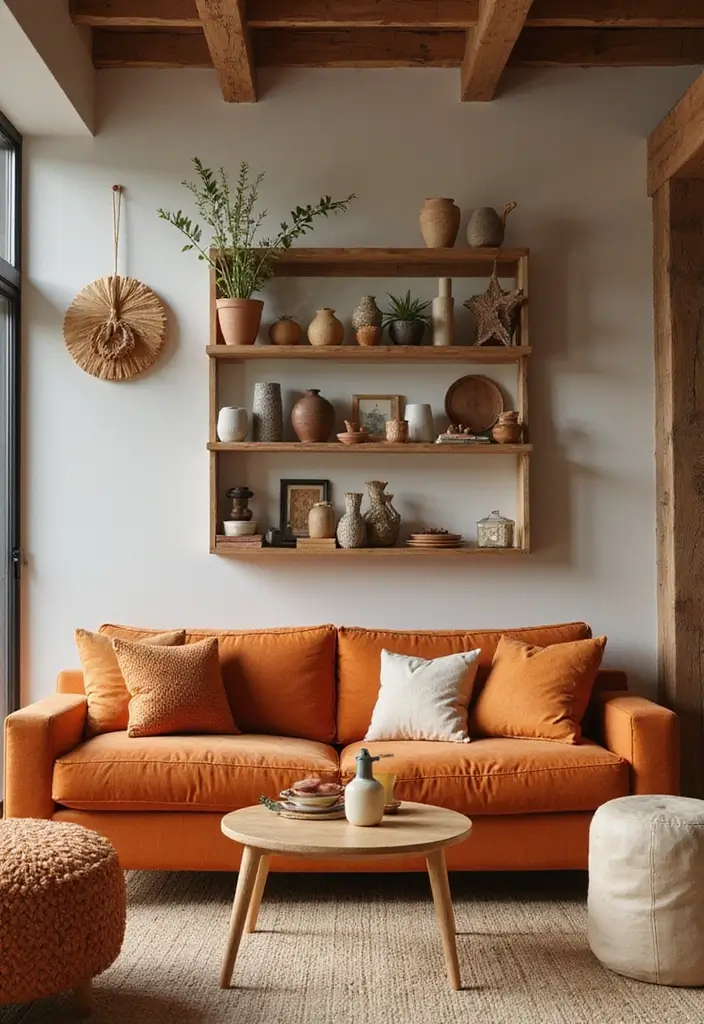 28 Orange Living Room Ideas That Feel Vibrant and Energetic - 28. Orange and Natural Wood Fusion