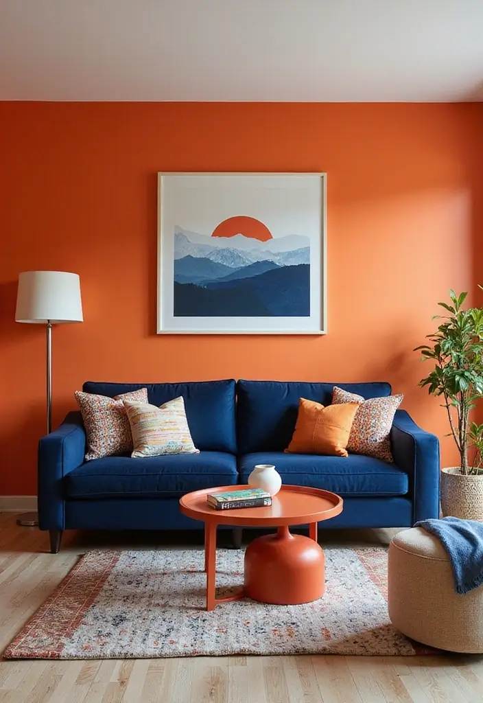 28 Orange Living Room Ideas That Feel Vibrant and Energetic - 3. Orange and Blue Color Blocking