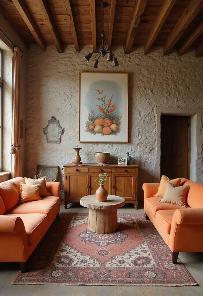 28 Orange Living Room Ideas That Feel Vibrant and Energetic - 4. Rustic Orange Charm