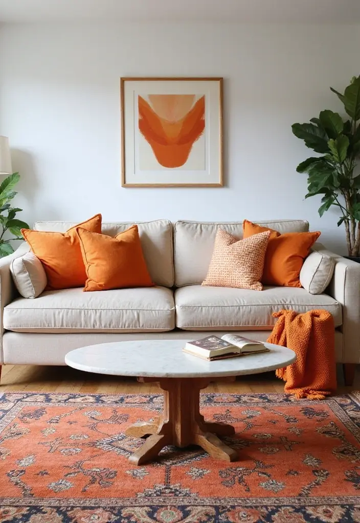 28 Orange Living Room Ideas That Feel Vibrant and Energetic - 5. Playful Orange Accent Pillows