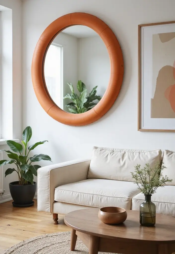 28 Orange Living Room Ideas That Feel Vibrant and Energetic - 7. Orange-Rimmed Mirrors