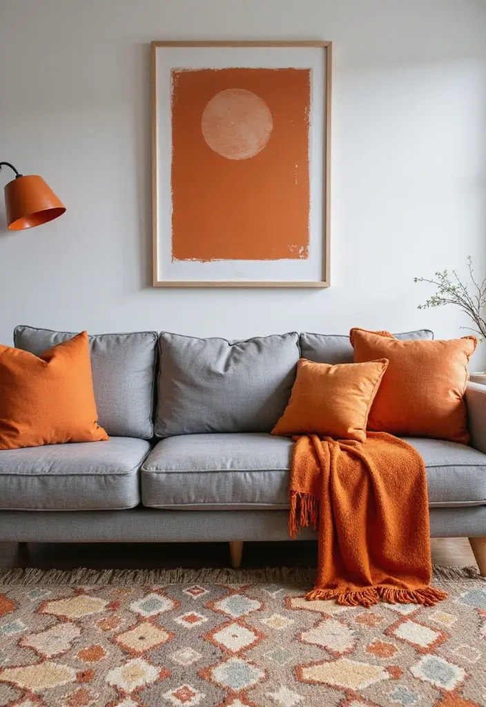28 Orange Living Room Ideas That Feel Vibrant and Energetic - 8. Orange and Gray Harmony