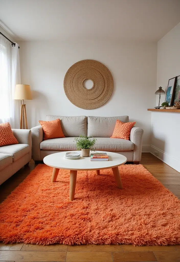 28 Orange Living Room Ideas That Feel Vibrant and Energetic - 9. Bright Orange Area Rugs