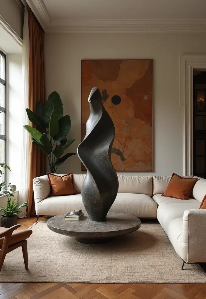 28 Quirky Living Room Ideas That Add Character and Fun - 10. Artistic Sculptures as Focal Points