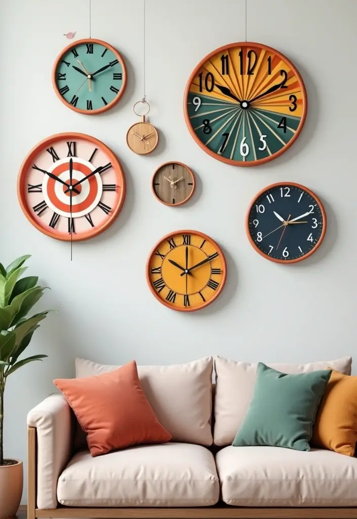 28 Quirky Living Room Ideas That Add Character and Fun - 16. Quirky Wall Clocks